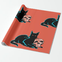 Wrapping Paper ANIMATED BLACK CAT WITH SKULL