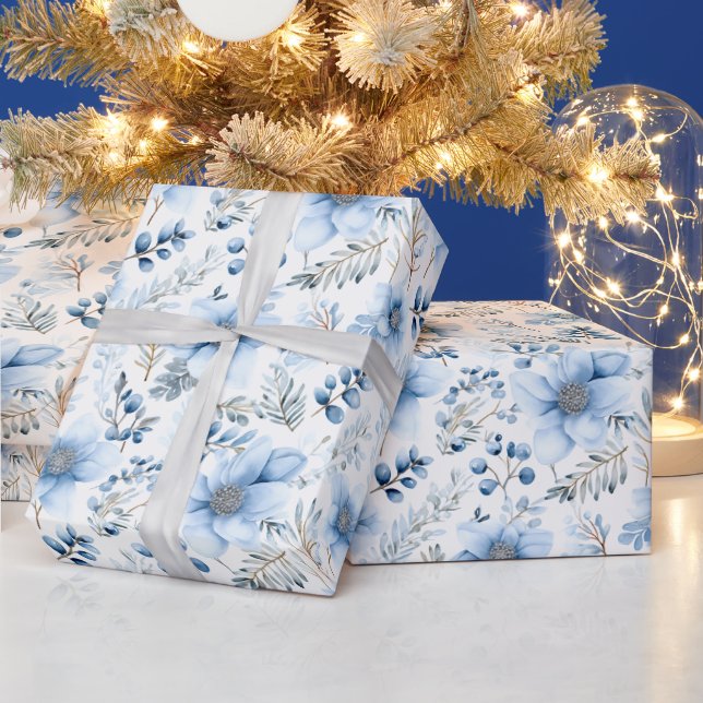 Wrapping Paper - Blue Winter Floral Pattern (Holidays)
