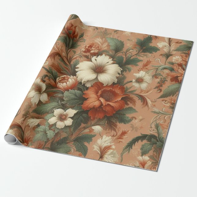 Wrapping Paper - Burnt Orange, Cream, Moss Green  (Unrolled)