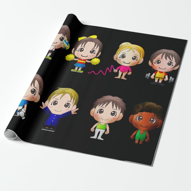 wrapping paper cartoon sports characters. (Unrolled)