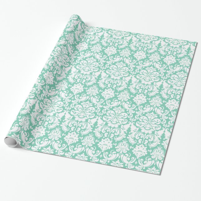 Wrapping Paper | Damask Floral Mint Green White (Unrolled)