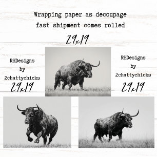 Wrapping Paper Decoupage Black White Bulls Western