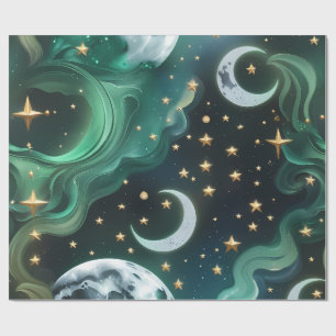Wrapping Paper - Emerald Green Celestial Moon