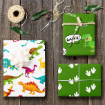 Wrapping Paper Flat Sheet Set of 3<br><div class="desc">Does your little boy or girl love dinosaurs? This birthday party wrapping paper is perfect! There's a big T-Rex saying RAWR, dinosaur footprints and your little kid's name on white, a green background, and a fun colourful dino pattern. This gift wrap makes a great addition to your present for a...</div>