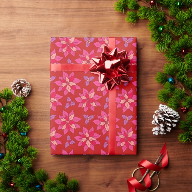 Wrapping paper for Christmas with red poinsettia. (Holiday Gift)