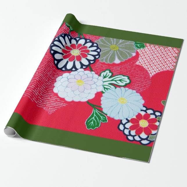 Wrapping Paper KIMONO FLOWER PATTERN RED AND WHITE (Unrolled)