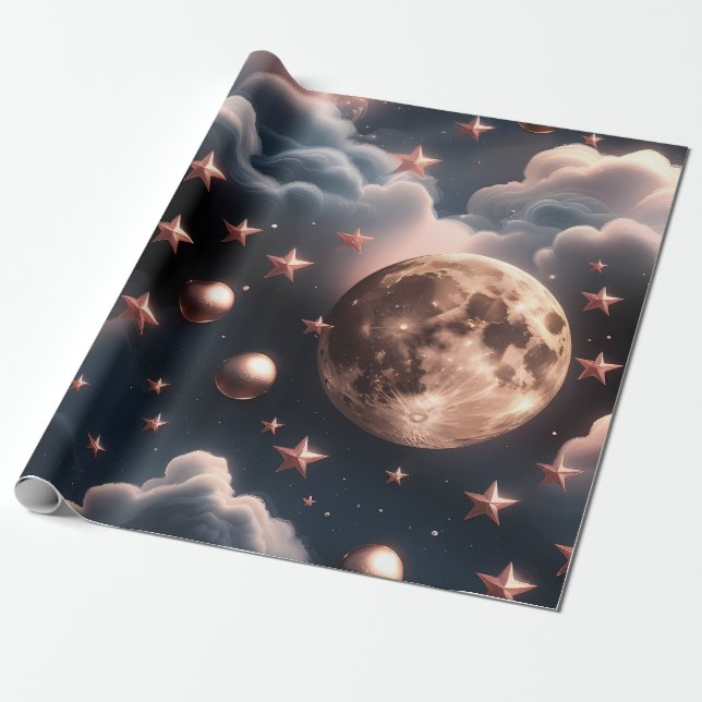 Wrapping Paper – Luxury Rose Gold Celestial Moon  (Unrolled)