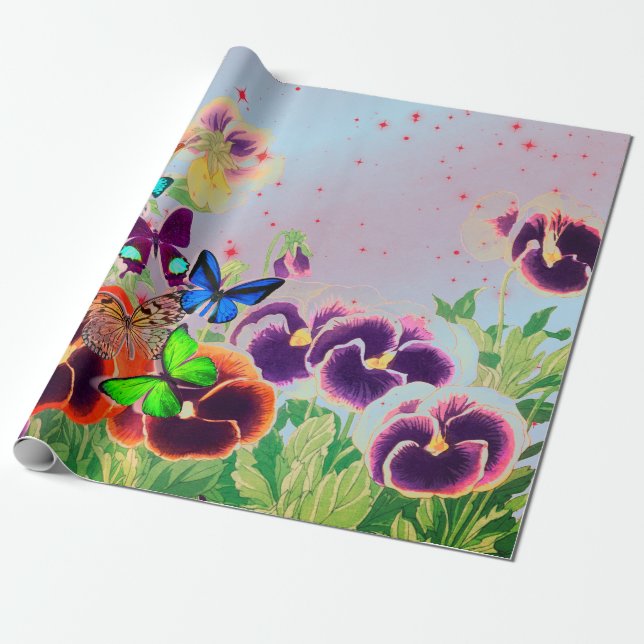 Wrapping Paper PANSIES WITH RED STARS (Unrolled)