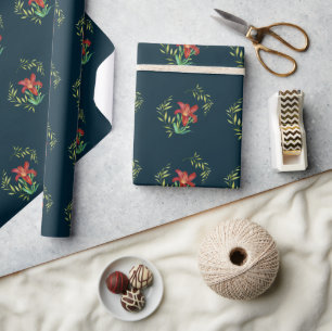 Wrapping Paper Pattern Orange Lily Leafy Green