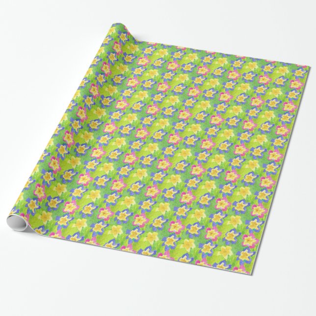Wrapping Paper: Pink, Blue, Yellow Primroses Wrapping Paper (Unrolled)