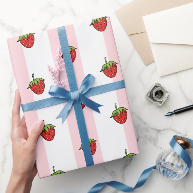 Wrapping Paper Pink & White Stripe Strawberry  (Gifting)