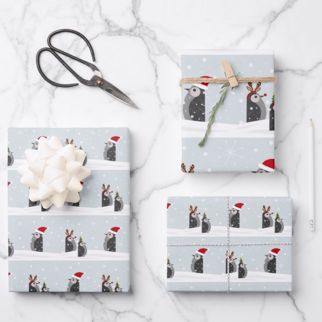 Wrapping paper set with holiday penguins (Front)