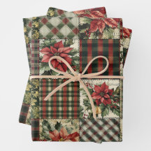 Wrapping Paper Sheet Christmas Plaid Patchwork Red