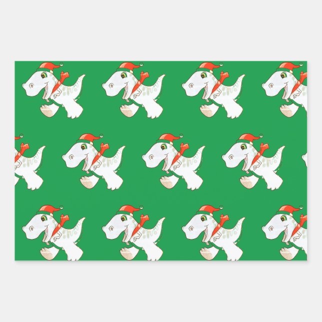 Wrapping Paper Sheet Set Dinosaur in Santa Hat (Front)