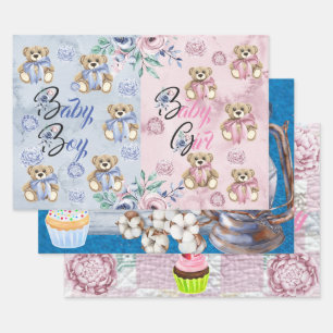 Wrapping Paper Sheet Set of 3 Gender Reveal, 1st B
