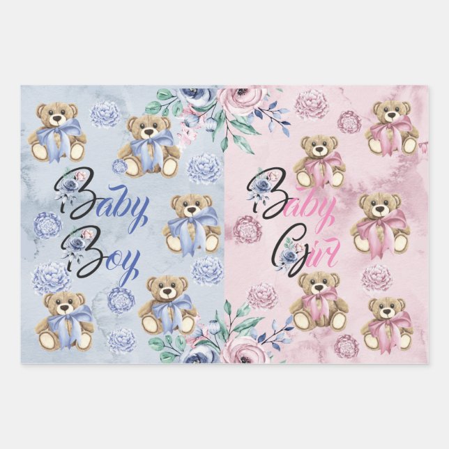 Wrapping Paper Sheet Set of 3 Gender Reveal, B/G (Front)