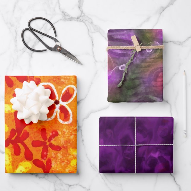 Wrapping Paper Sheets 3pc Abstract Orange Purple (Front)