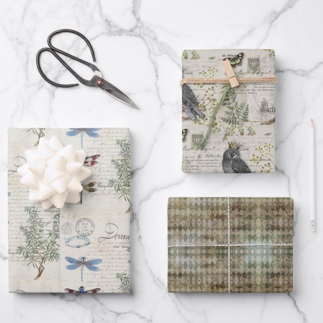 Wrapping Paper Sheets - Animals Pattern Beige Blue (Front)