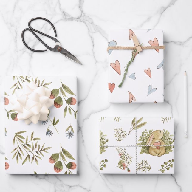 Wrapping Paper Sheets - Flowers, Rabbits & Hearts (Front)