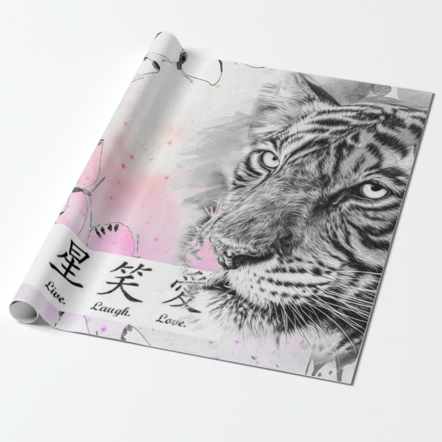 Wrapping Paper TIGER AND BUTTERFLIES IN PINK (Unrolled)