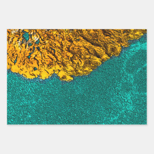 Wrapping Paper, Turquoise Water, Yellow Lichen Paper Sheet