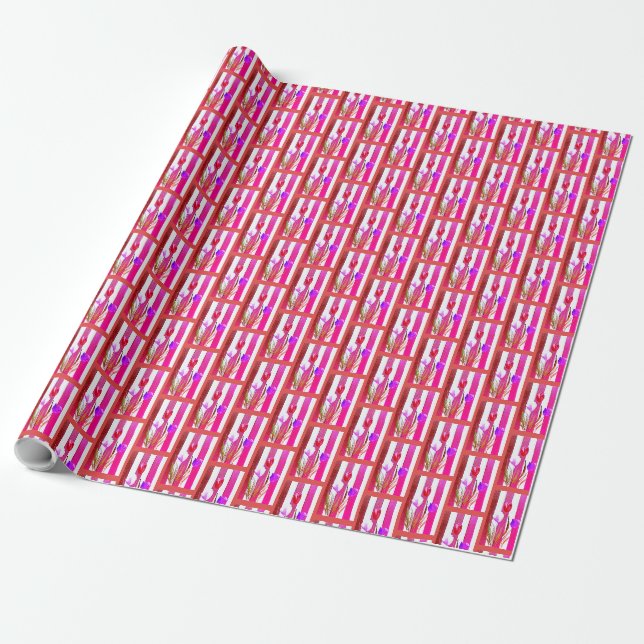 WRAPPING PAPER WITH PINK, RED & PURPLE TULIPS. (Unrolled)