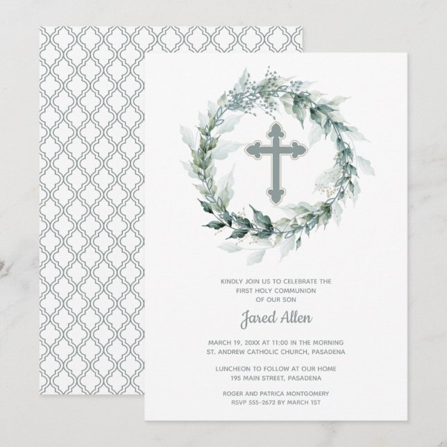 Wreath and Cross First Communion Invitation (Front/Back)