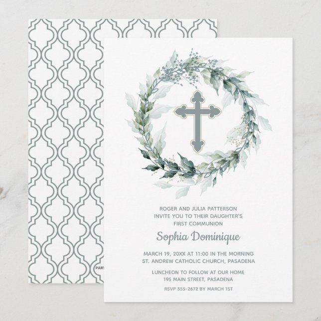 Wreath and Cross First Communion Invitations (Front/Back)