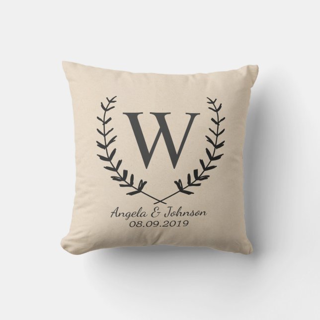 Wreath and Monogrammed Cotton Fabric Textured Throw Pillow (Front)