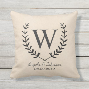 Wreath and Monogrammed Cotton Fabric Textured Throw Pillow