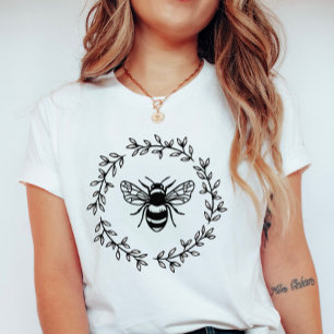 Wreath Bee; Elegant Monochrome T-Shirt