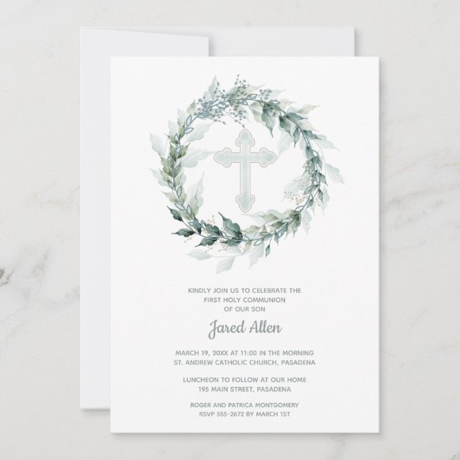 Wreath Blue Cross First Communion Invitation (Front)