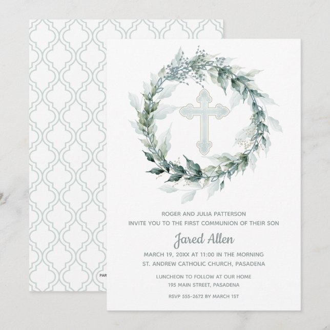 Wreath Blue Cross First Communion Invitations (Front/Back)