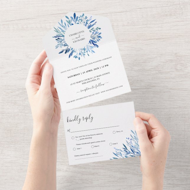 Wreath Blue Leaves Wedding All In One Invitation (Tearaway)