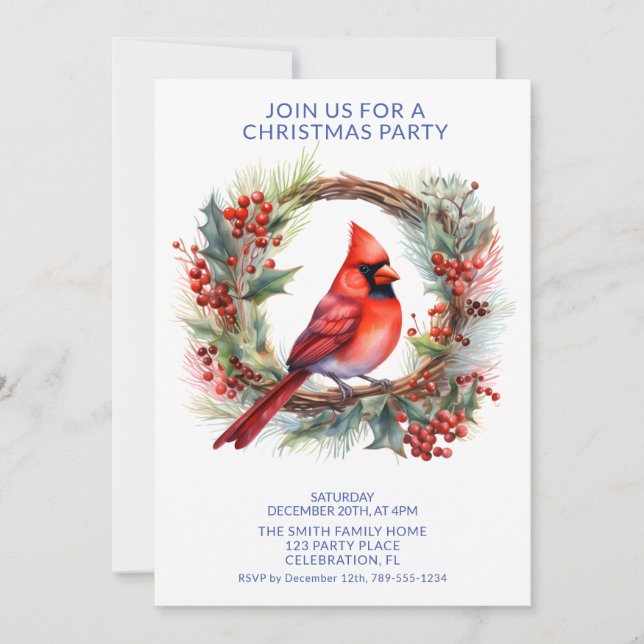 Wreath Cardinal with Blue Font Party Invitation (Front)