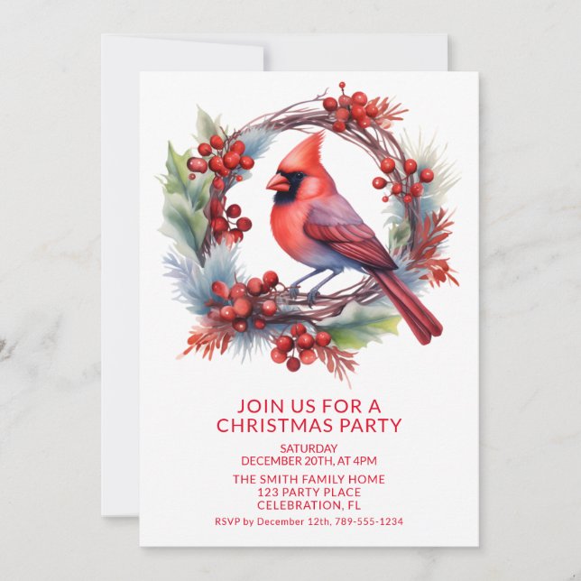 Wreath Cardinal with Red Font Party Invitation (Front)