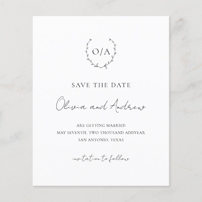 Wreath Crest Monogram Budget Wedding Save The Date (Front)