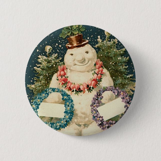 Wreath Decorated Snowman 2 Inch Round Button (Front)