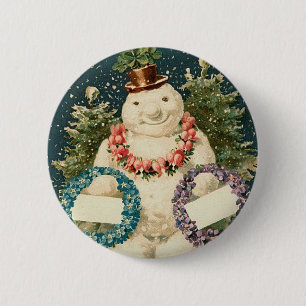 Wreath Decorated Snowman 2 Inch Round Button