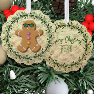 Wreath Encircled Gingerbread Man on Faux Foil  Ornament Card