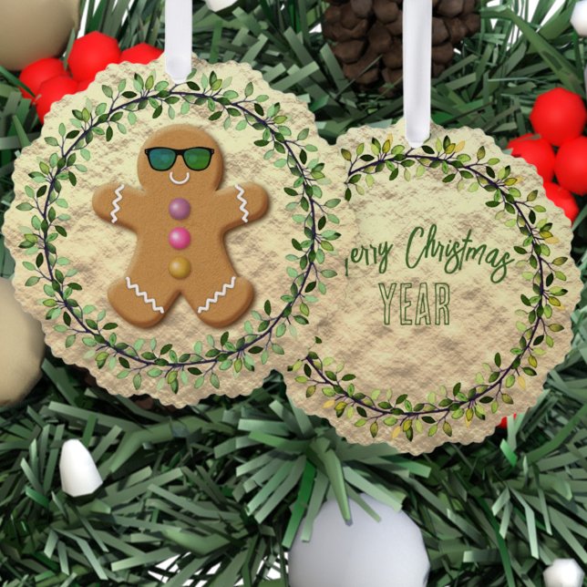 Wreath Encircled Gingerbread Man on Faux Foil  Ornament Card (This cute sunglasses wearing gingerbread man is a fun Christmas ornament addition for any tree.)