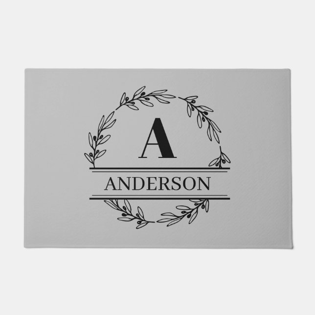 Wreath Family Name Monogram Black Grey Doormat (Front)