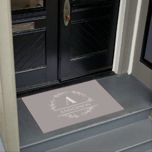 Wreath Family Name Monogram White Grey Doormat