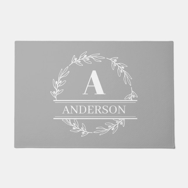 Wreath Family Name Monogram White Grey Doormat (Front)