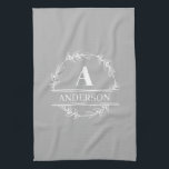 Wreath Family Name Monogram White Grey  Kitchen Towel<br><div class="desc">Personalize with your own initial and name.</div>