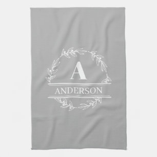 Wreath Family Name Monogram White Grey Kitchen Towel