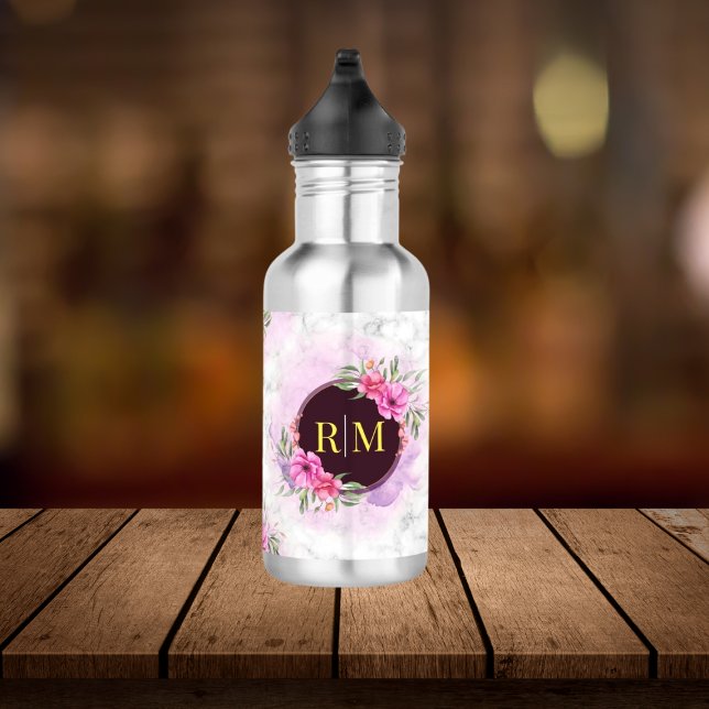 Wreath Floral Initial Letter Monogram Name Marble 532 Ml Water Bottle (Creator Uploaded)