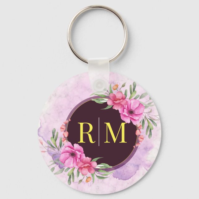Wreath Floral Initial Letter Monogram Name Marble Keychain (Front)