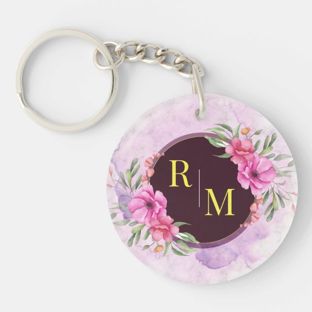 Wreath Floral Initial Letter Monogram Name Marble Keychain (Front)