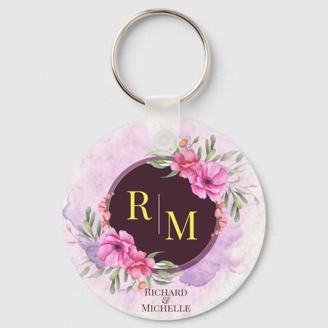 Wreath Floral Initial Letter Monogram Name Marble Keychain (Front)
